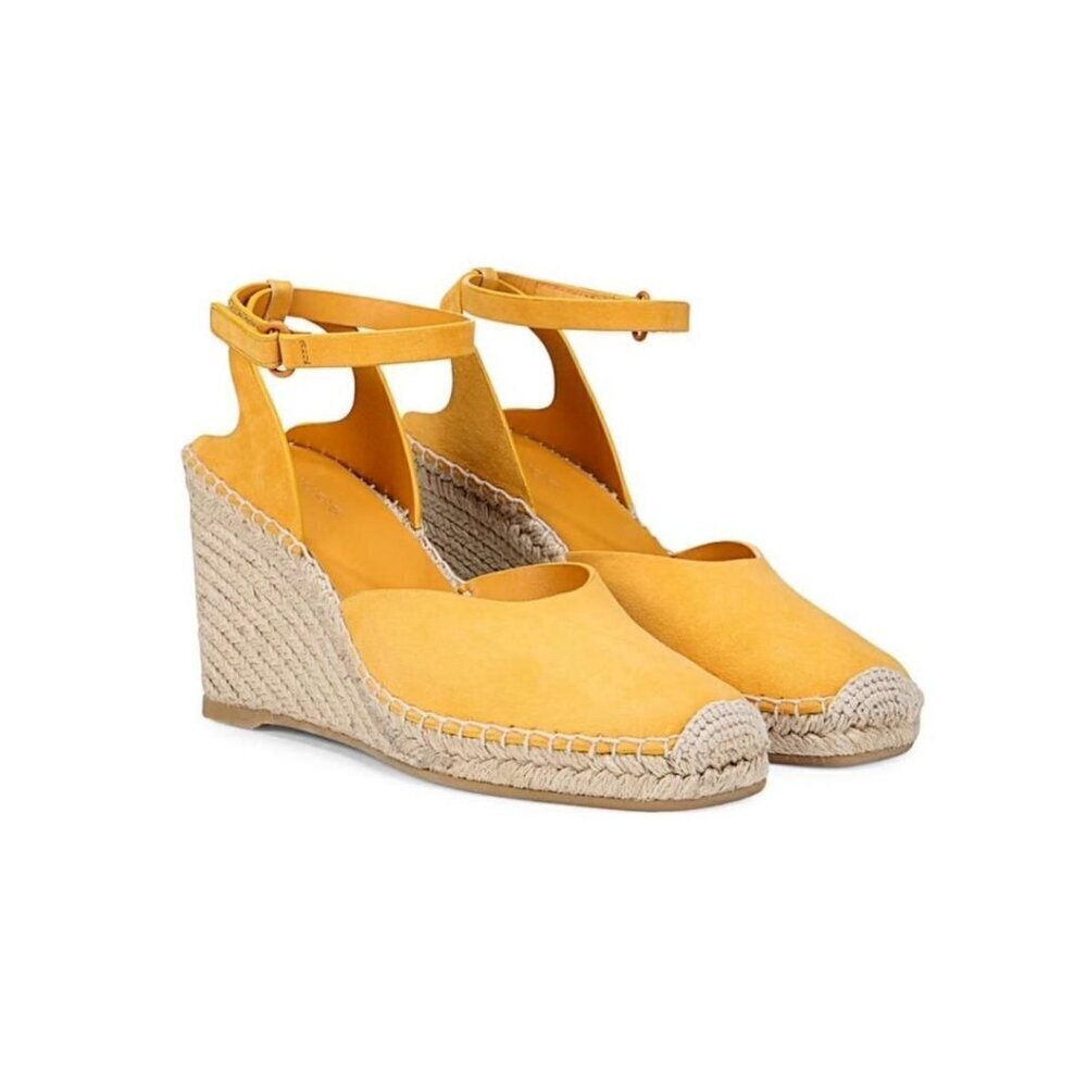 Vince Womens Papaya Yellow Suede Ankle Strap Espadrille Wedge Sandals Sz 8 M New - Picture 11 of 12